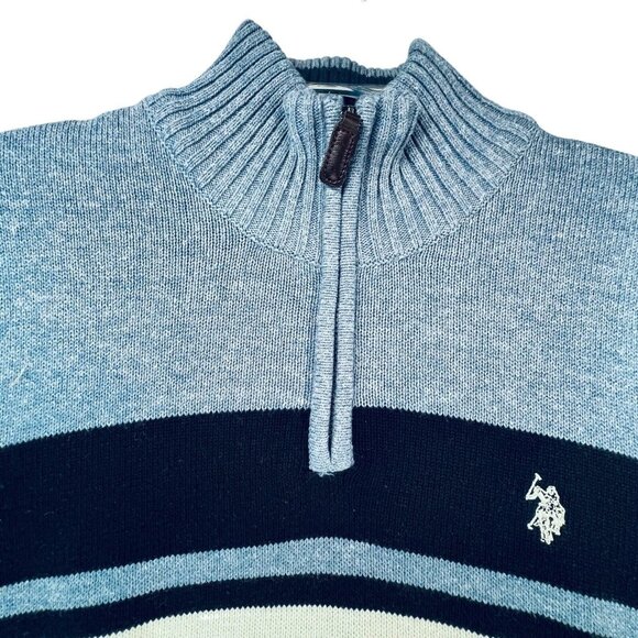 US Polo Assn Mens Pullover Sweater Blue Stripe 1/4 Zip Med Horse Logo L/S - Picture 7 of 13